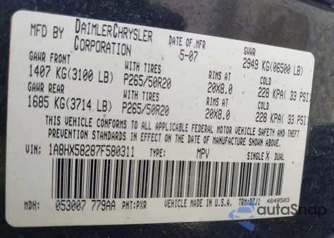 2007 Chrysler Aspen Limited from USA, damaged, VIN 1A8HX58287F580311